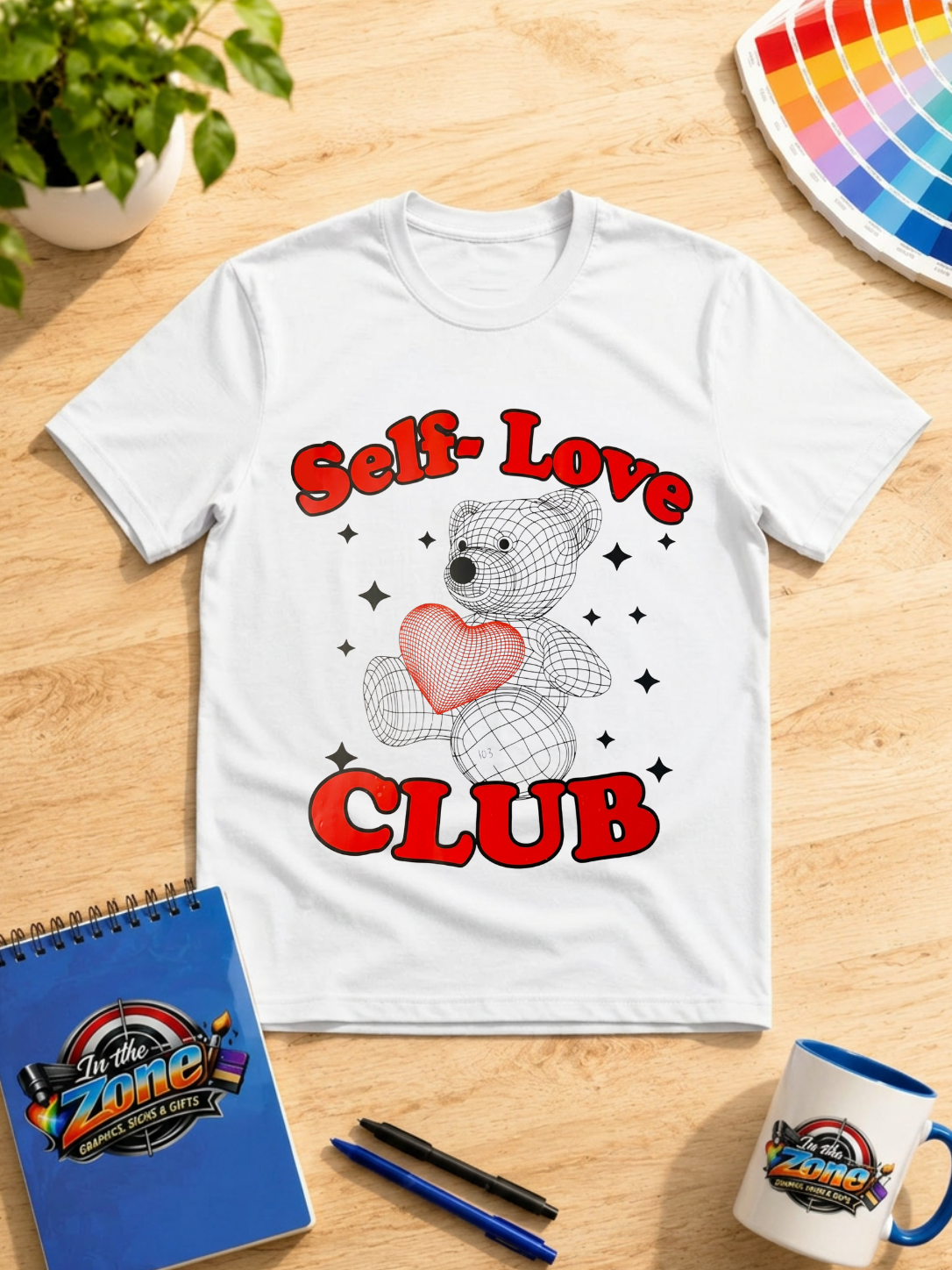 Self-Love Club Teddy Bear Graphic T-Shirt – Retro Heart Design