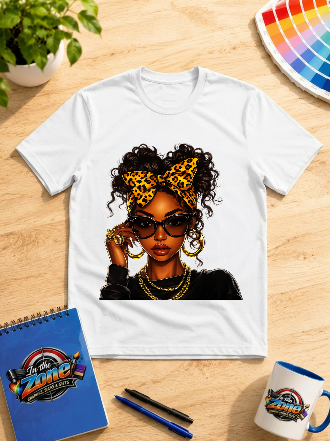 Leopard Bow Girl Graphic T-Shirt – Stylish Afro Girl with Sunglasses
