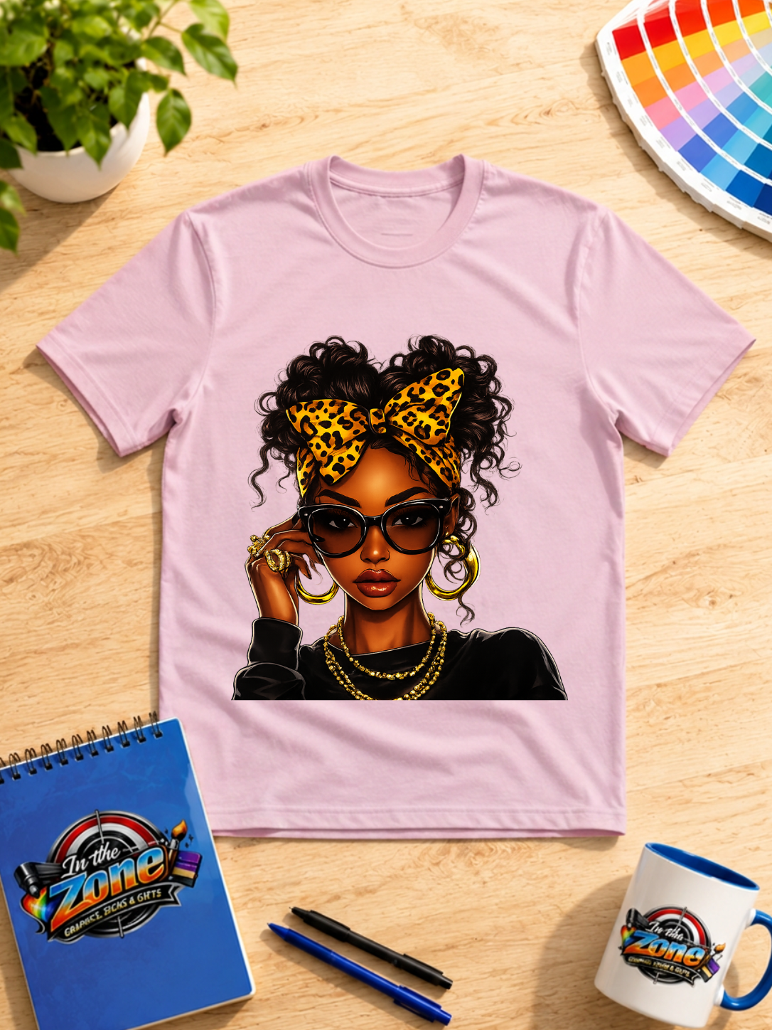 Leopard Bow Girl Graphic T-Shirt – Stylish Afro Girl with Sunglasses