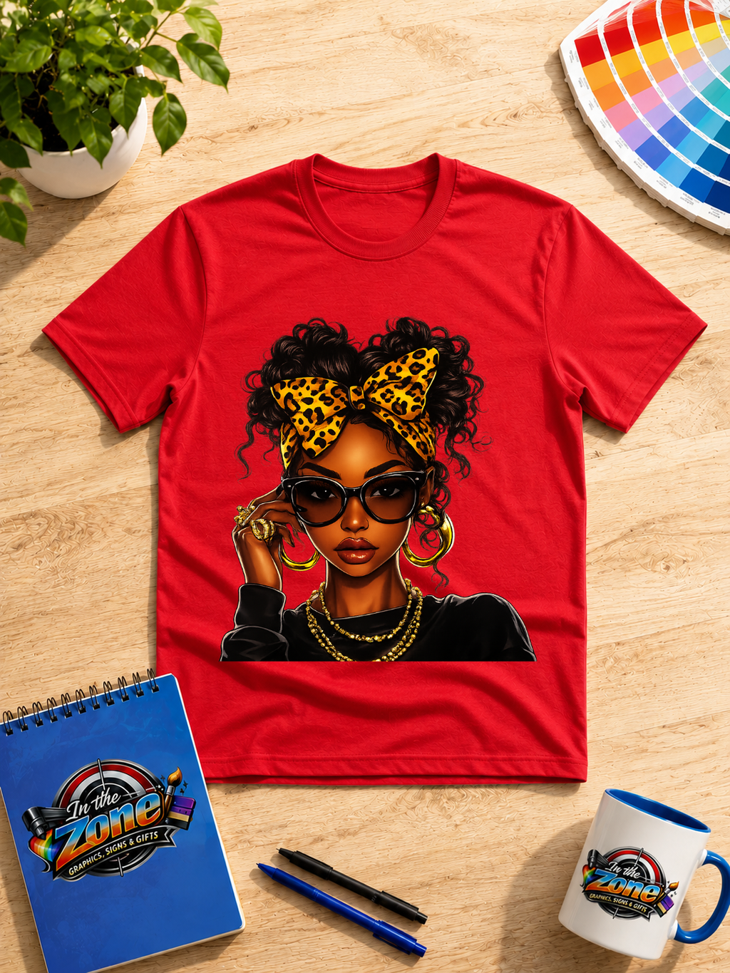 Leopard Bow Girl Graphic T-Shirt – Stylish Afro Girl with Sunglasses