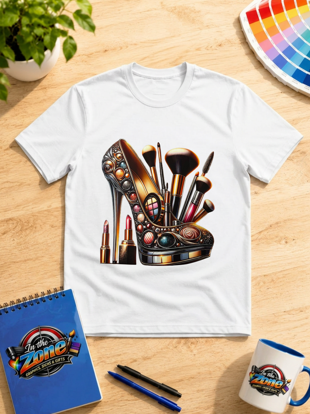 Glam High Heel & Makeup Graphic T-Shirt – Beauty Lover Fashion Tee