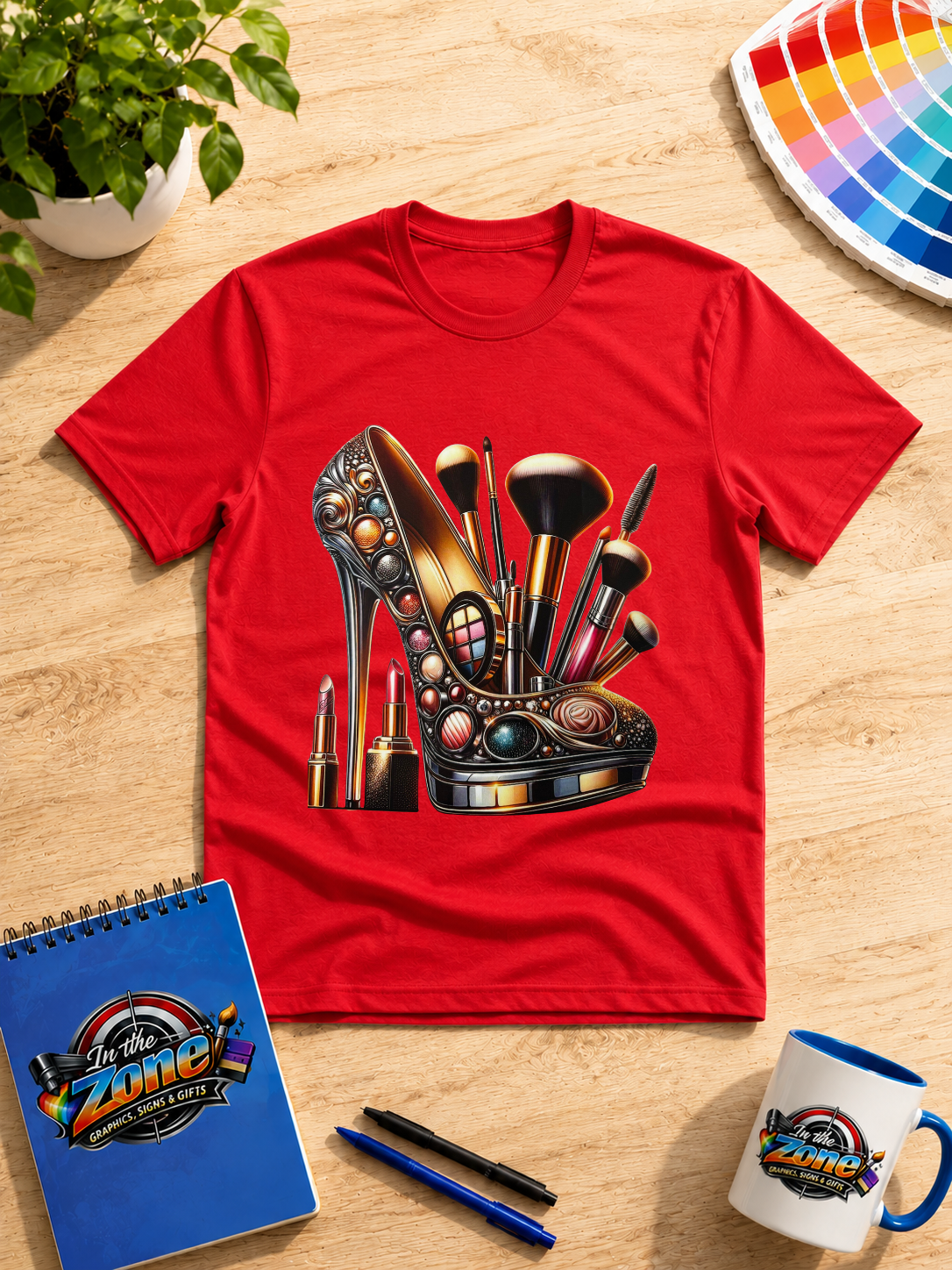 Glam High Heel & Makeup Graphic T-Shirt – Beauty Lover Fashion Tee