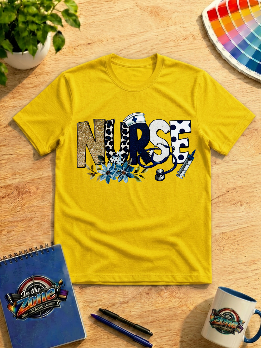Nurse Life Blue & Gold Floral Medical Graphic T-Shirt
