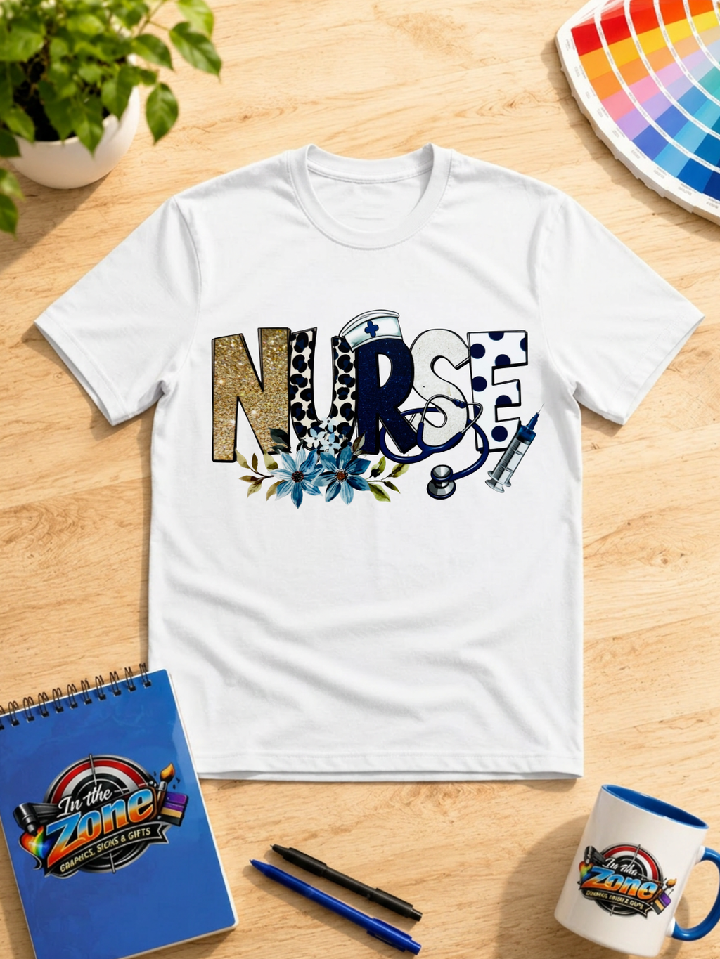 Nurse Life Blue & Gold Floral Medical Graphic T-Shirt