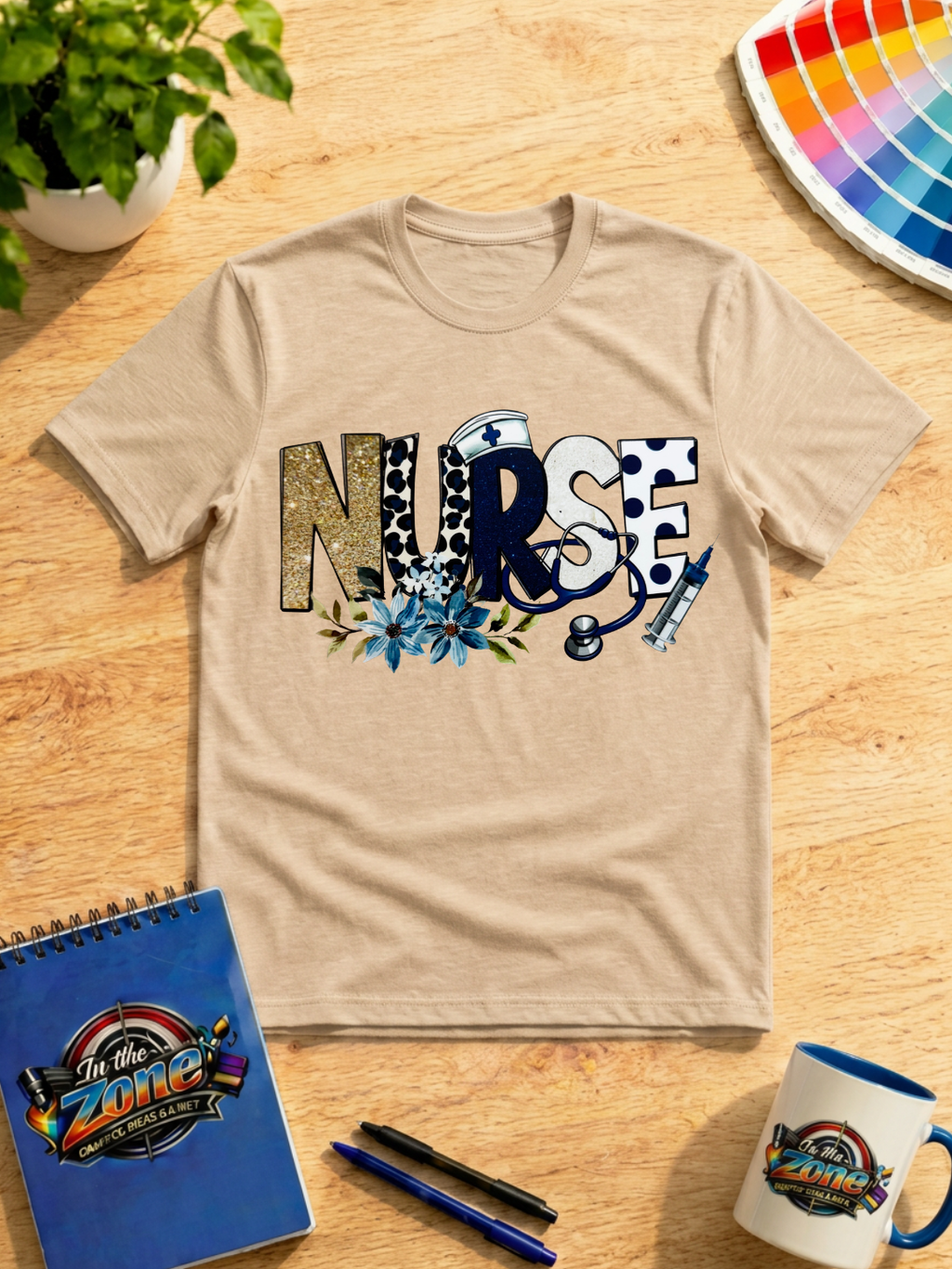 Nurse Life Blue & Gold Floral Medical Graphic T-Shirt