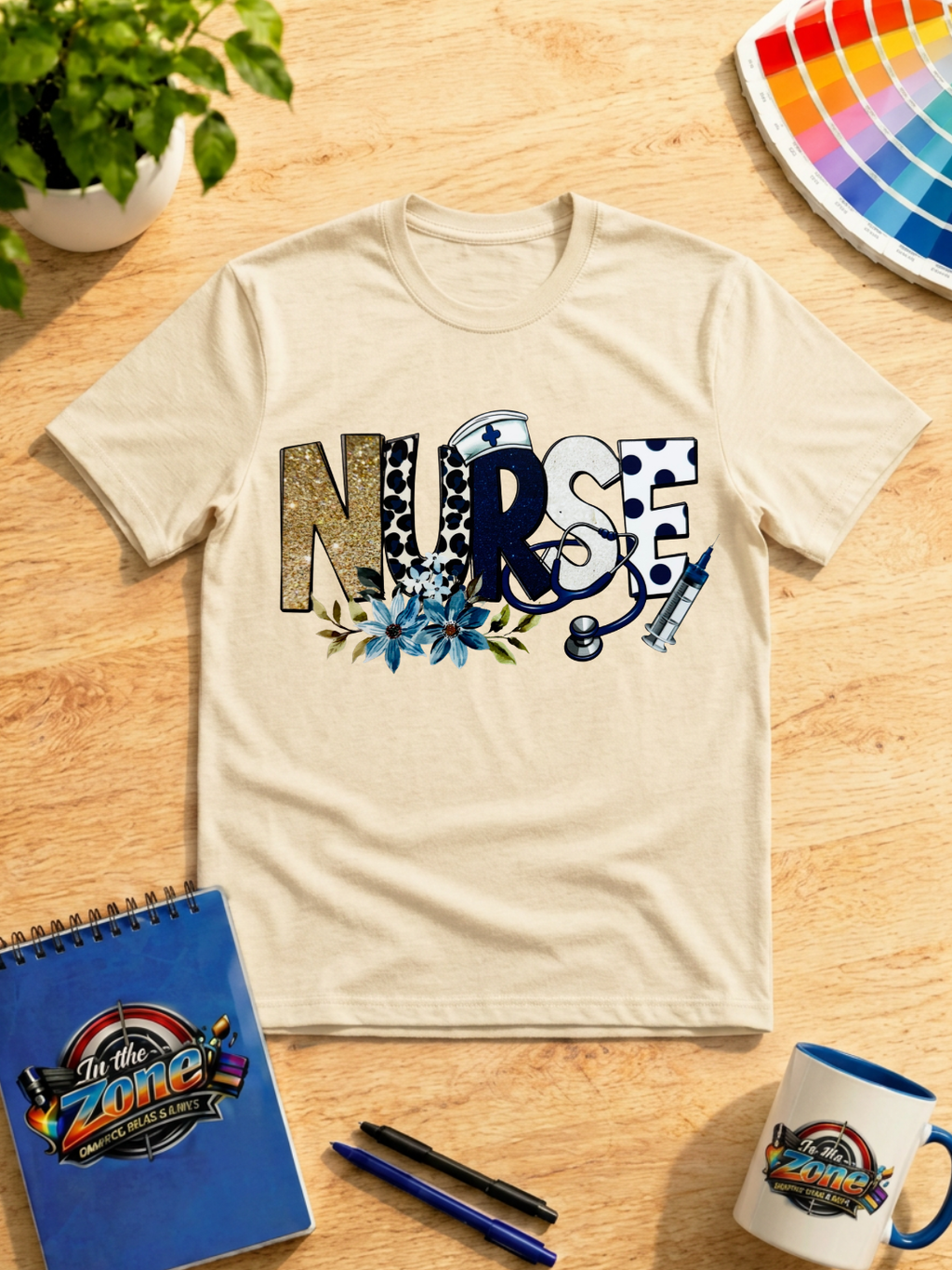 Nurse Life Blue & Gold Floral Medical Graphic T-Shirt