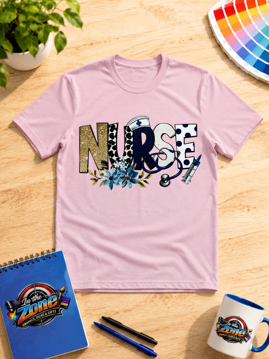 Nurse Life Blue & Gold Floral Medical Graphic T-Shirt