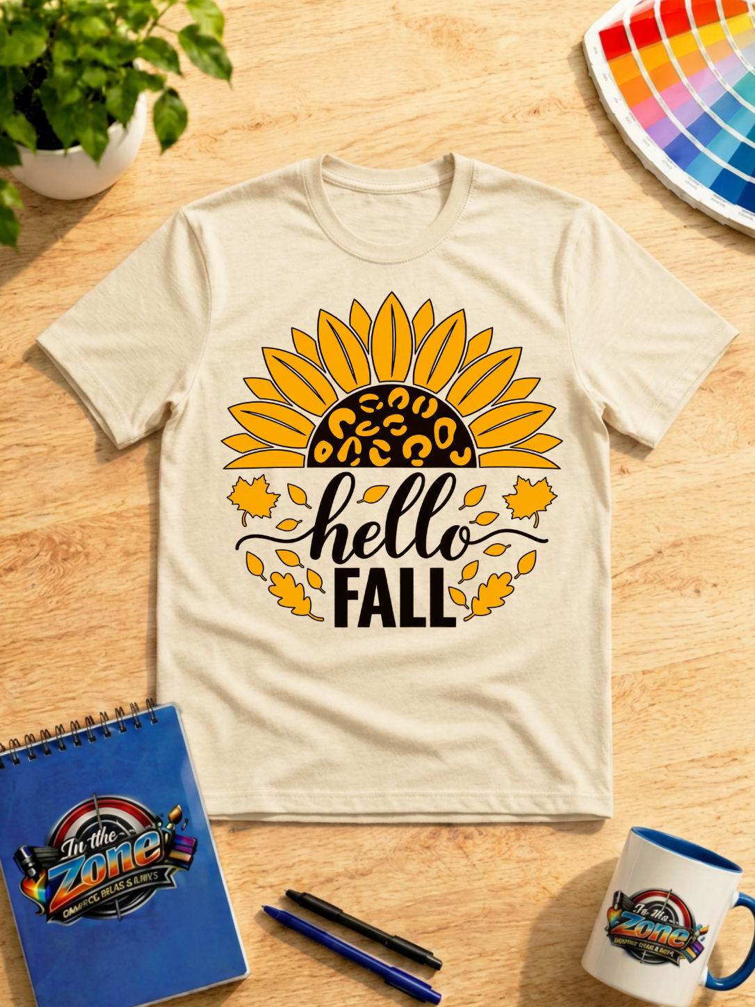 Hello Fall Sunflower Graphic T-Shirt | Autumn Leopard Print Tee