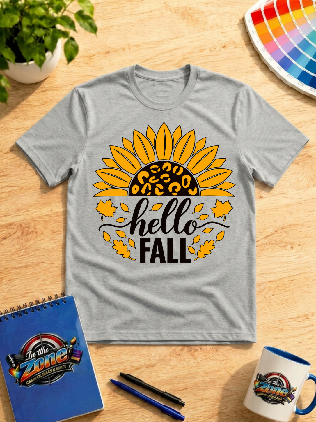 Hello Fall Sunflower Graphic T-Shirt | Autumn Leopard Print Tee