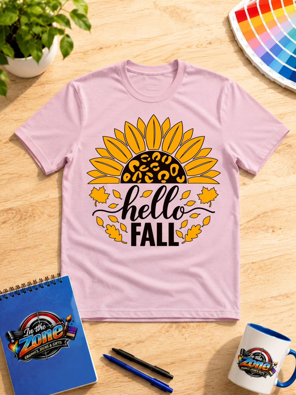 Hello Fall Sunflower Graphic T-Shirt | Autumn Leopard Print Tee