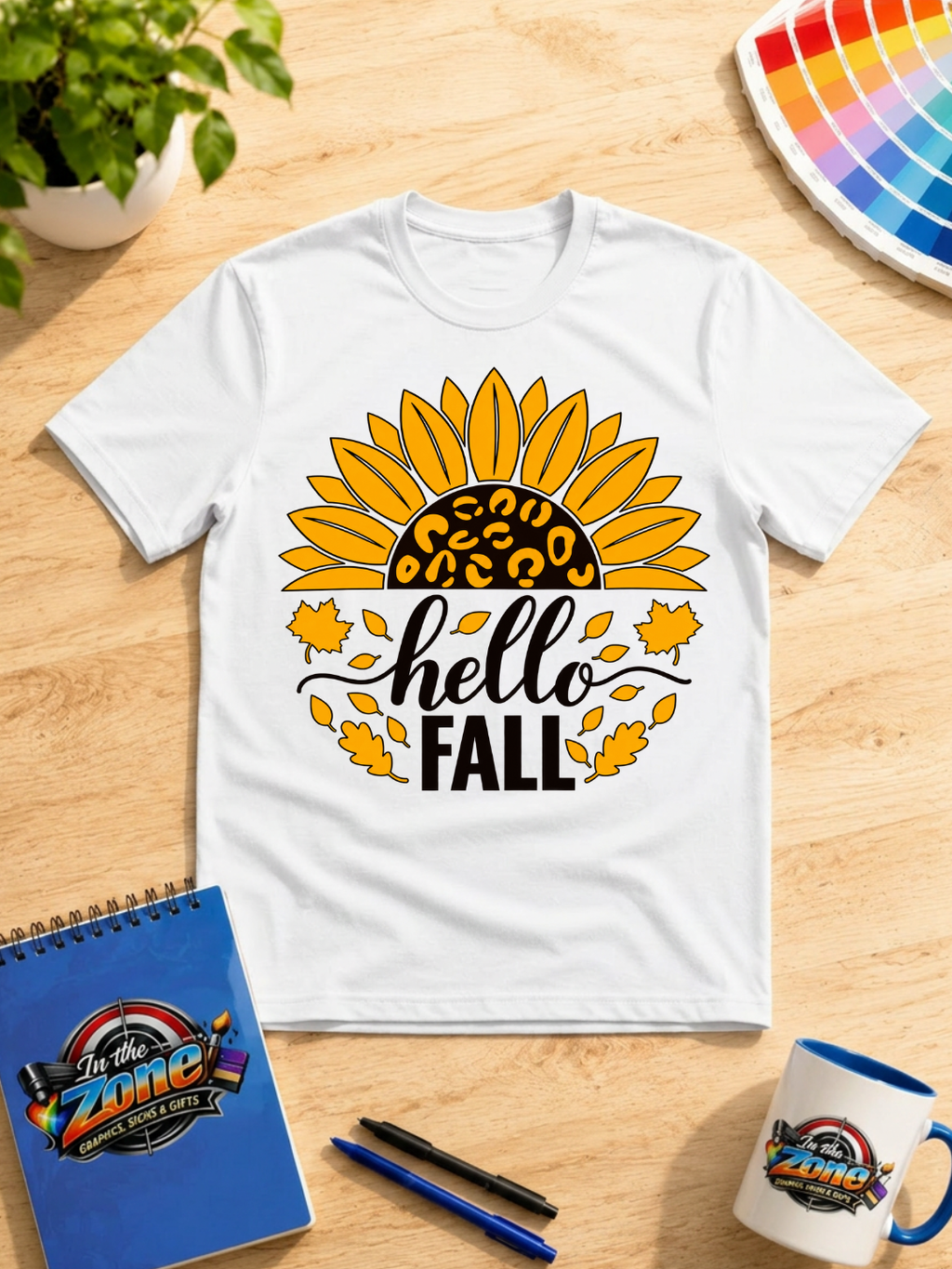 Hello Fall Sunflower Graphic T-Shirt | Autumn Leopard Print Tee