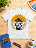 Hello Fall Sunflower Graphic T-Shirt | Autumn Leopard Print Tee