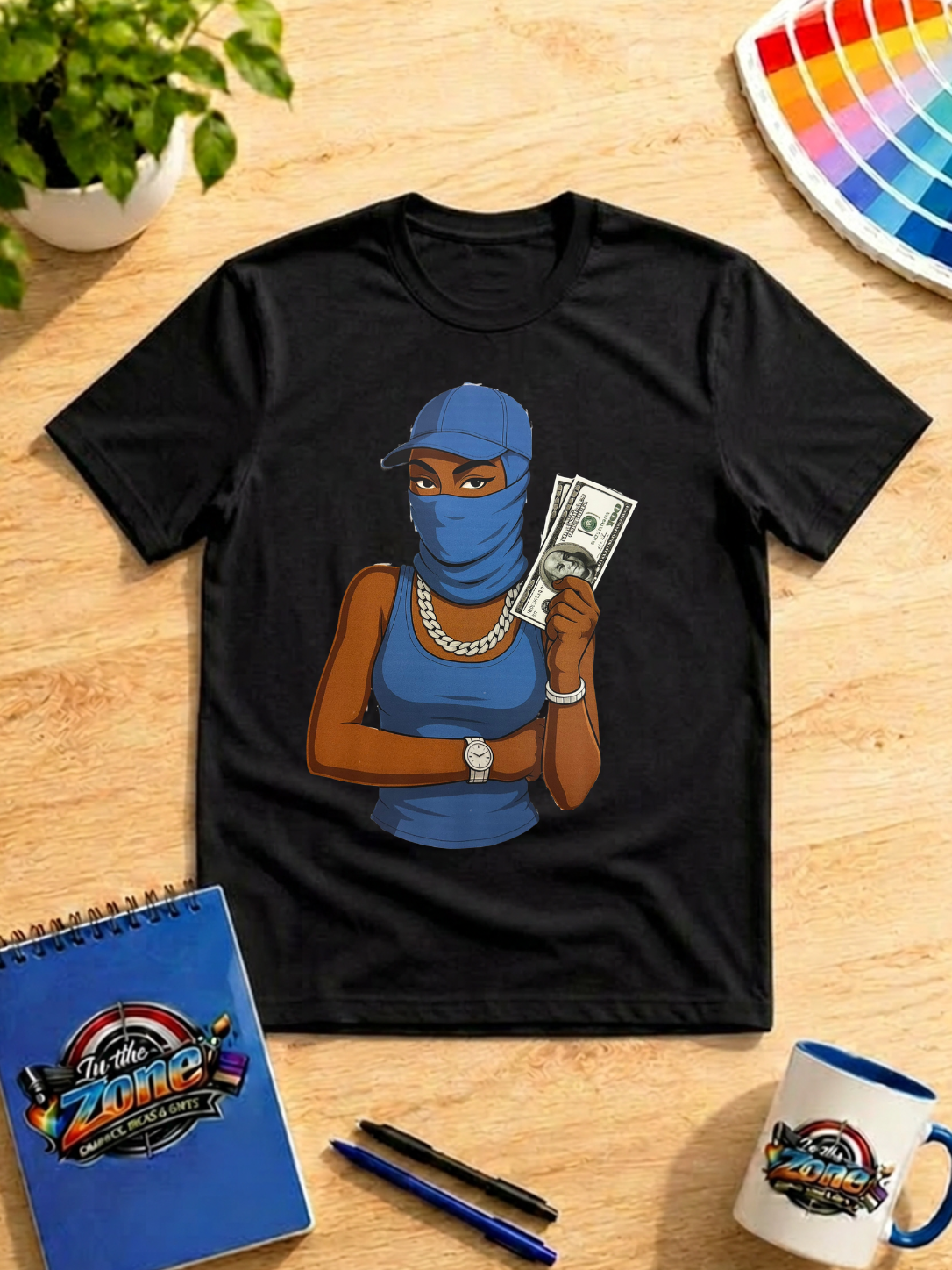 Blue Masked Money Girl Graphic T-Shirt – Urban Hustle Streetwear Tee
