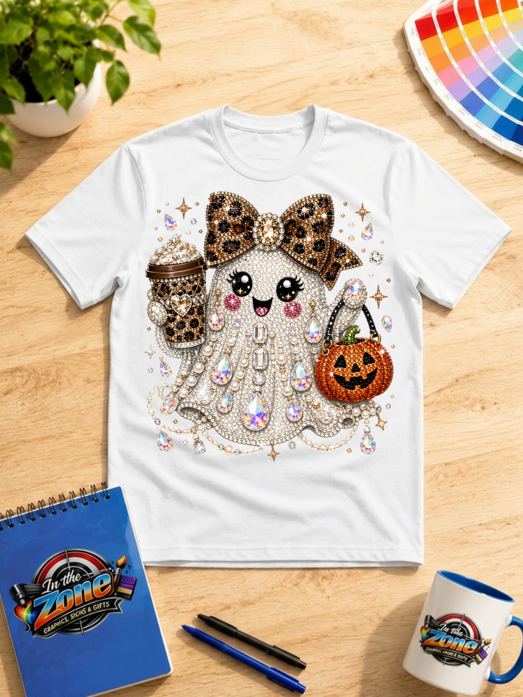 Bling Halloween Ghost Graphic Shirt – Leopard Bow, Coffee & Pumpkin Tee