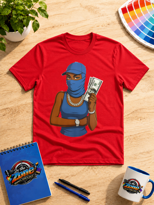 Blue Masked Money Girl Graphic T-Shirt – Urban Hustle Streetwear Tee