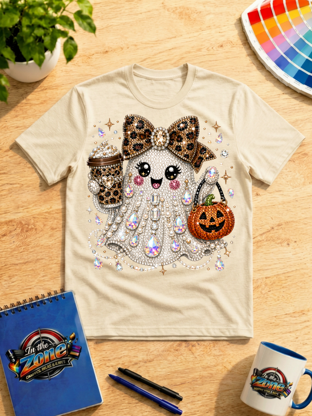 Bling Halloween Ghost Graphic Shirt – Leopard Bow, Coffee & Pumpkin Tee