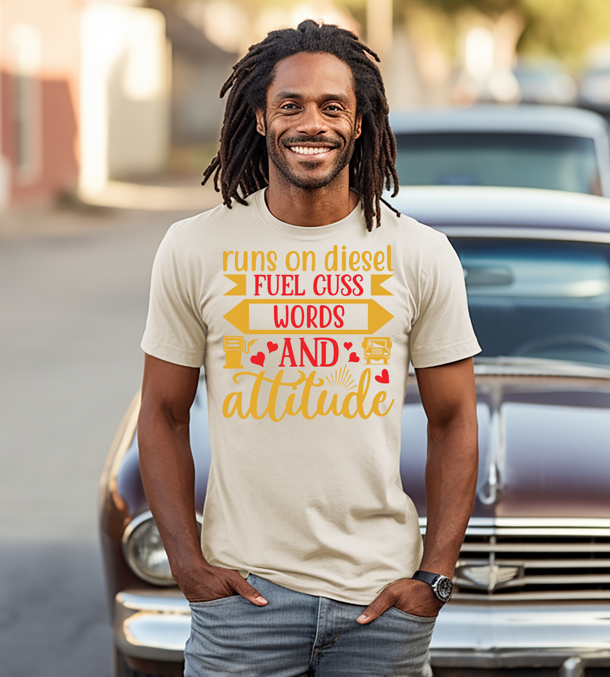 Runs on Diesel Fuel, Cuss Words & Attitude – Funny Trucker Graphic Shirt