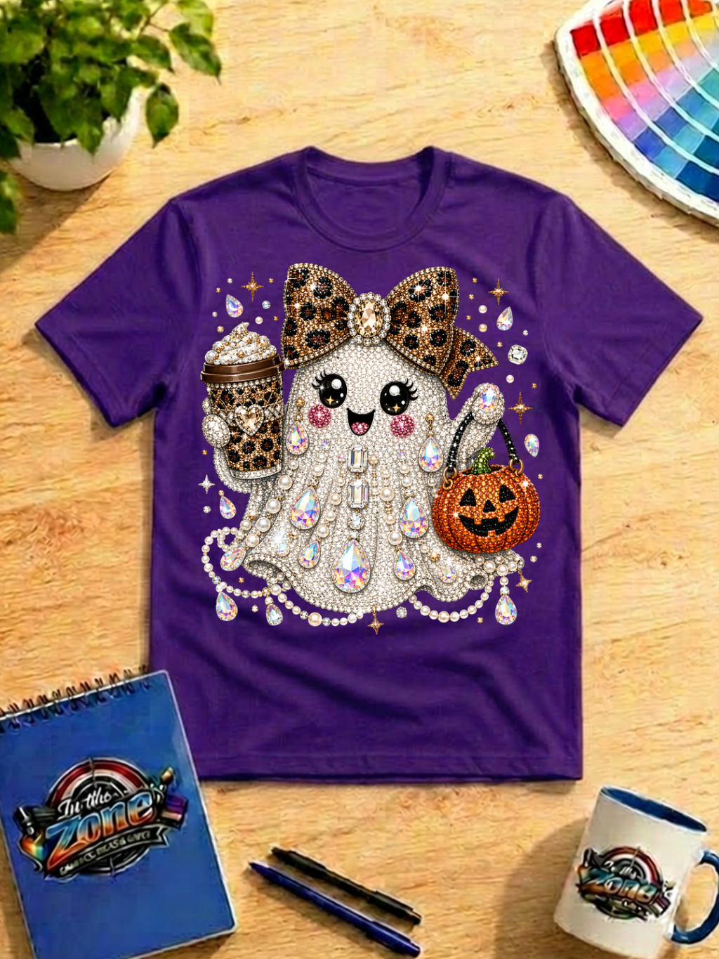 Bling Halloween Ghost Graphic Shirt – Leopard Bow, Coffee & Pumpkin Tee