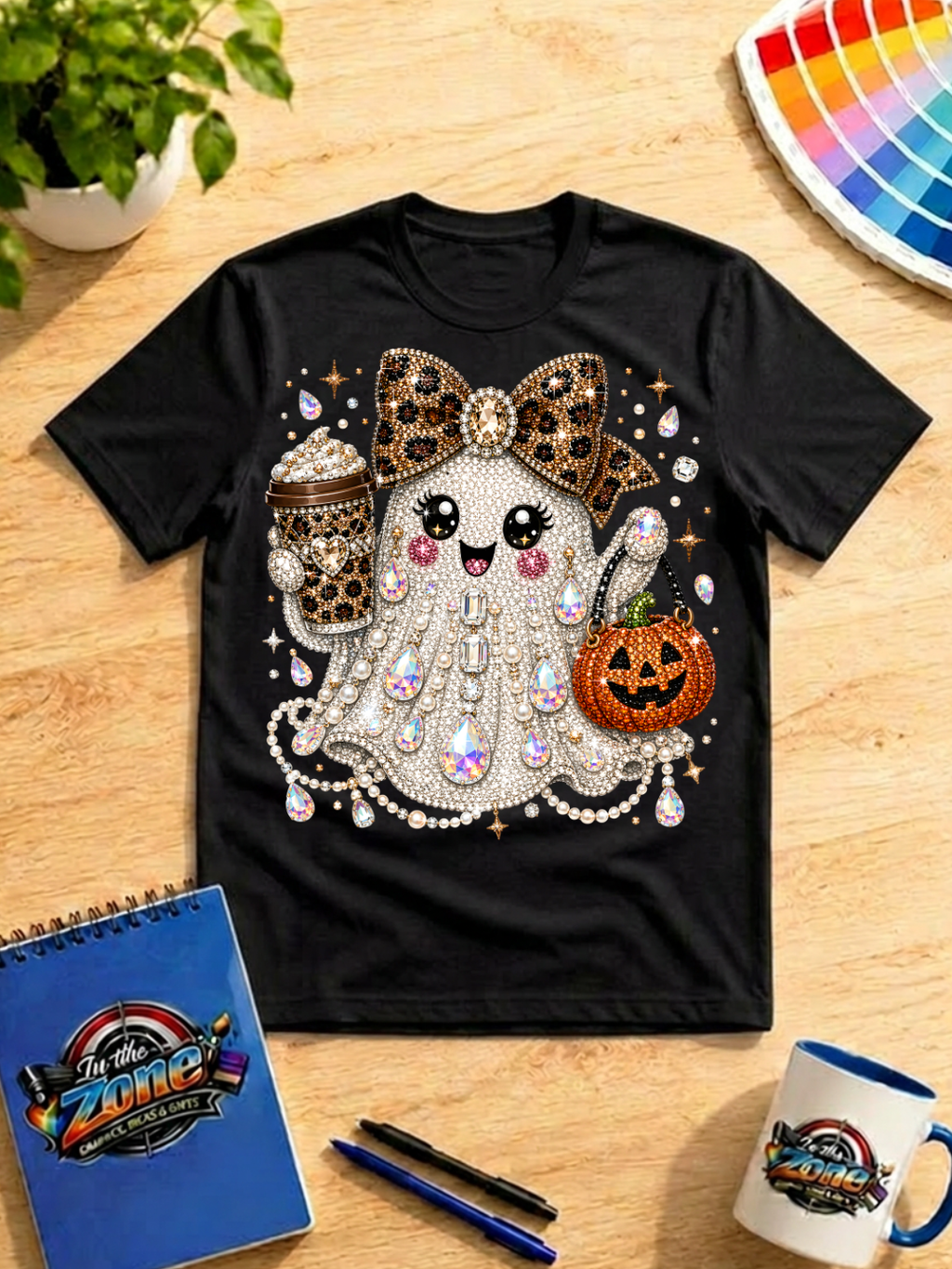 Bling Halloween Ghost Graphic Shirt – Leopard Bow, Coffee & Pumpkin Tee