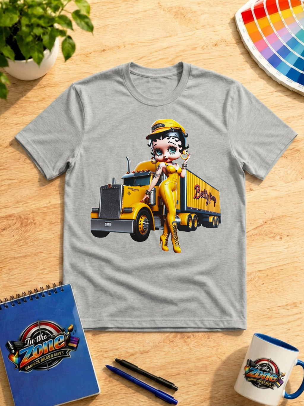 Betty Boop Trucker Girl Graphic T-Shirt – Yellow Semi Truck Tee