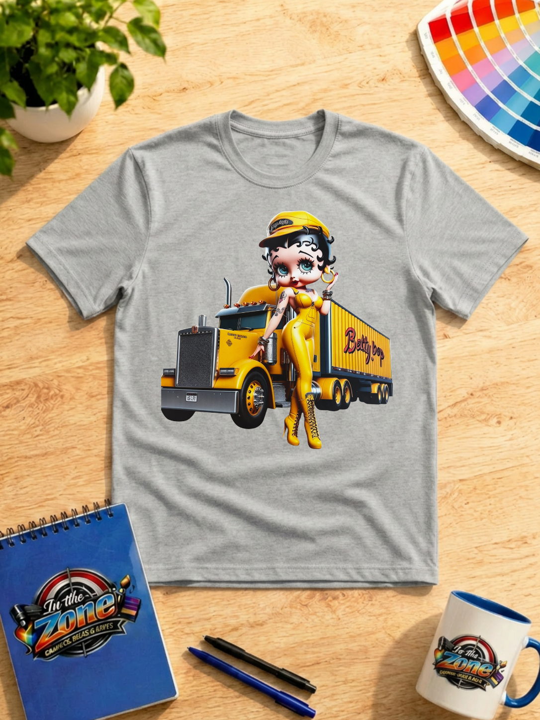 Betty Boop Trucker Girl Graphic T-Shirt – Yellow Semi Truck Tee