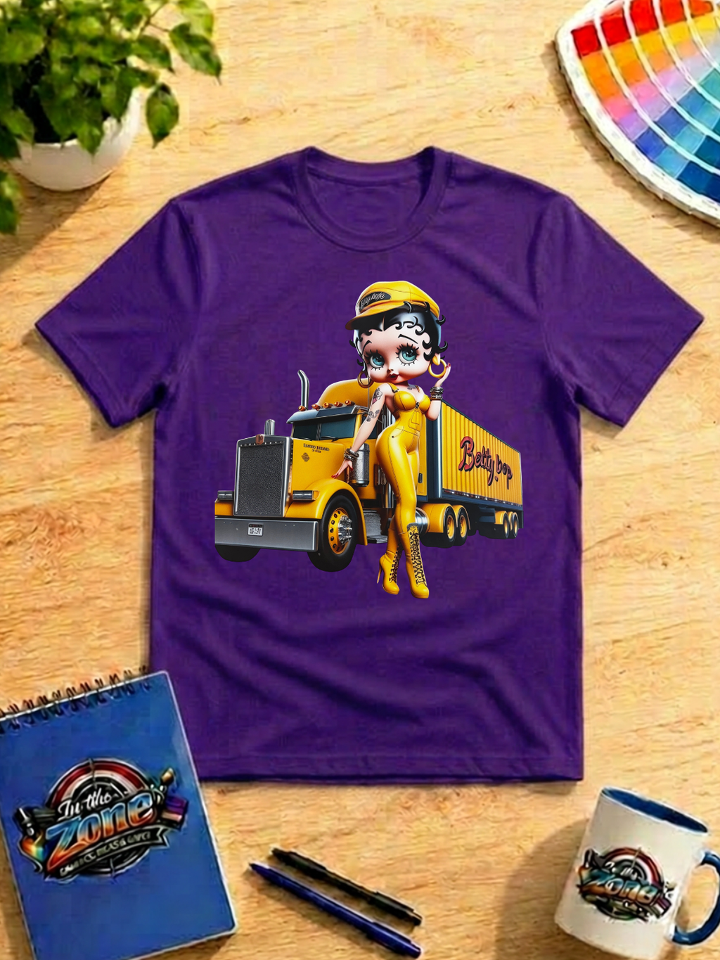 Betty Boop Trucker Girl Graphic T-Shirt – Yellow Semi Truck Tee