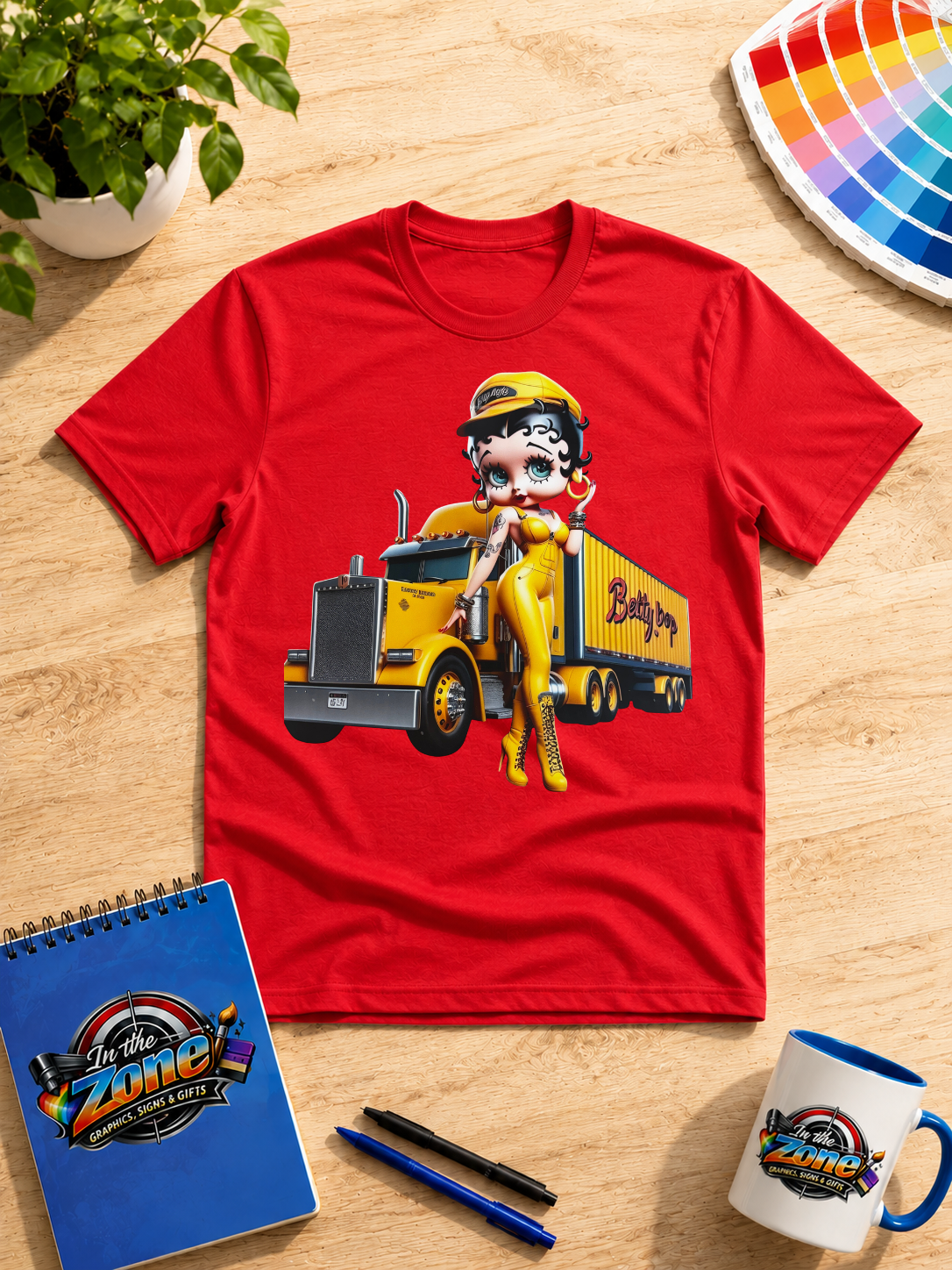 Betty Boop Trucker Girl Graphic T-Shirt – Yellow Semi Truck Tee