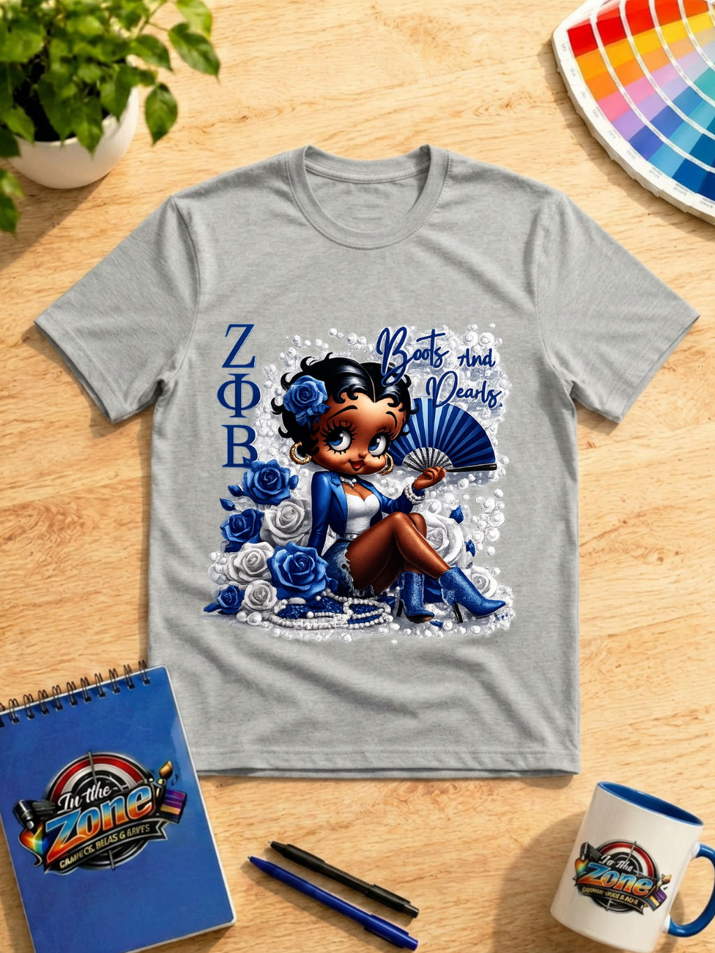 Zeta Phi Beta Boots and Pearls Graphic T-Shirt – Blue & White Sorority Design