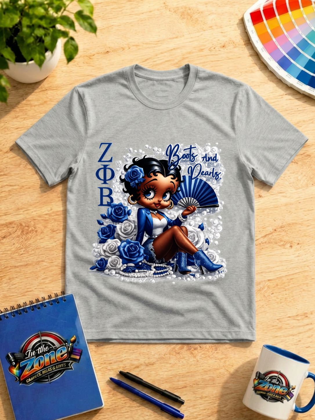 Zeta Phi Beta Boots and Pearls Graphic T-Shirt – Blue & White Sorority Design