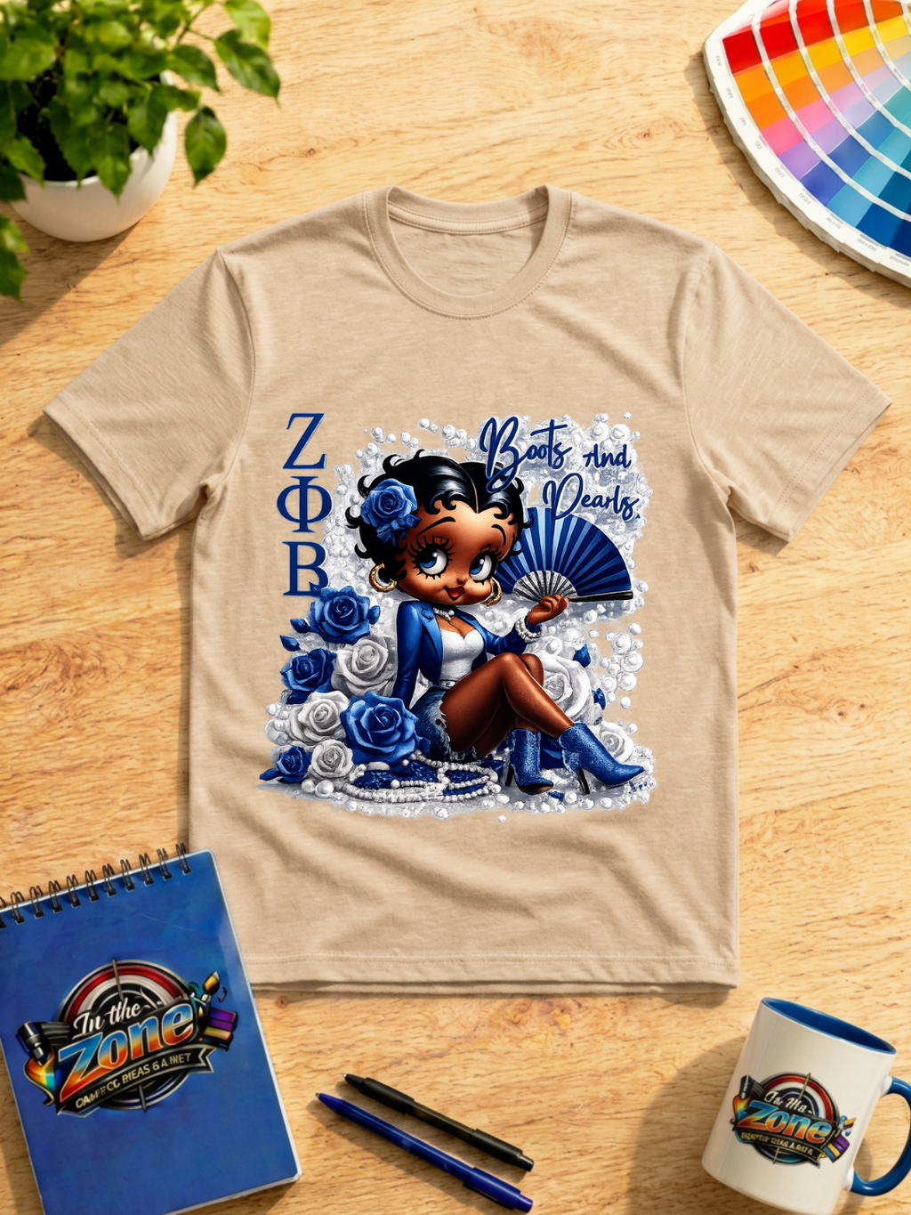 Zeta Phi Beta Boots and Pearls Graphic T-Shirt – Blue & White Sorority Design