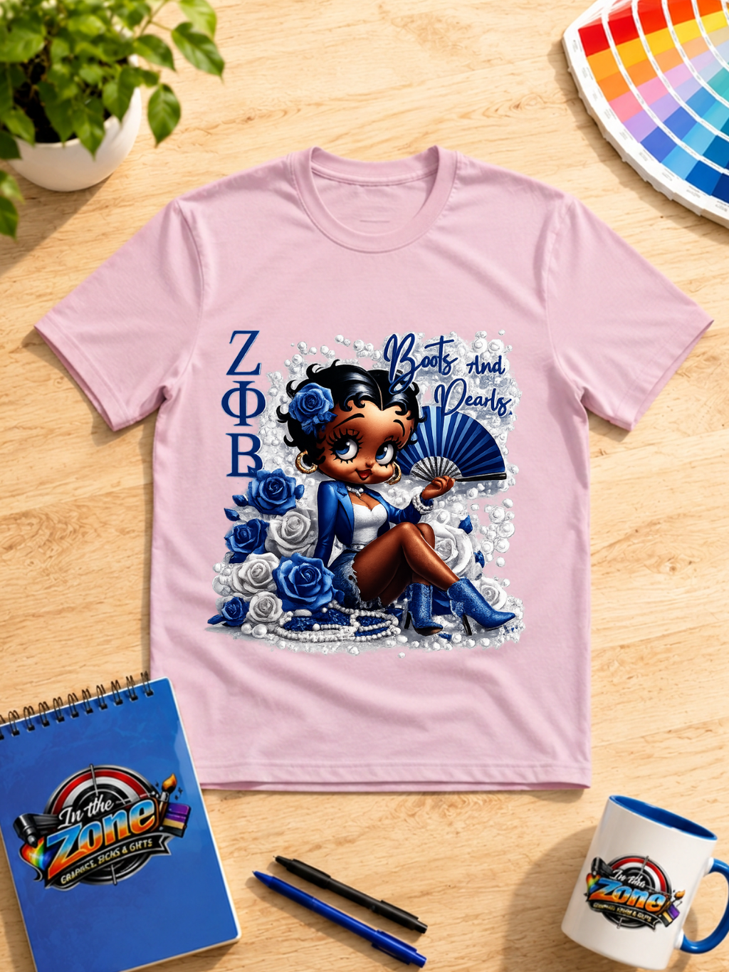 Zeta Phi Beta Boots and Pearls Graphic T-Shirt – Blue & White Sorority Design