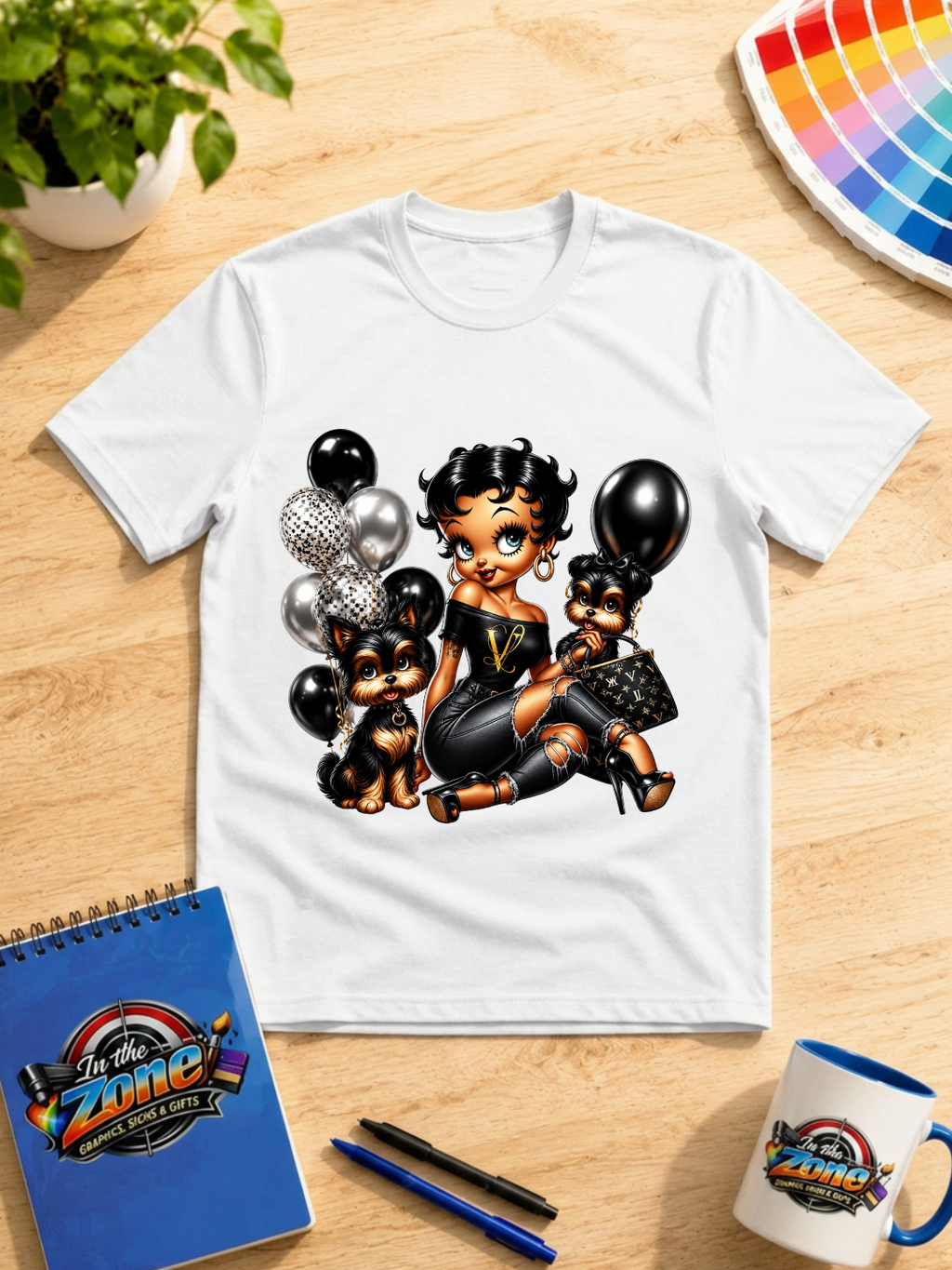 Glam Girl & Yorkies Graphic T-Shirt – Black, Gold & Silver Fashion Design