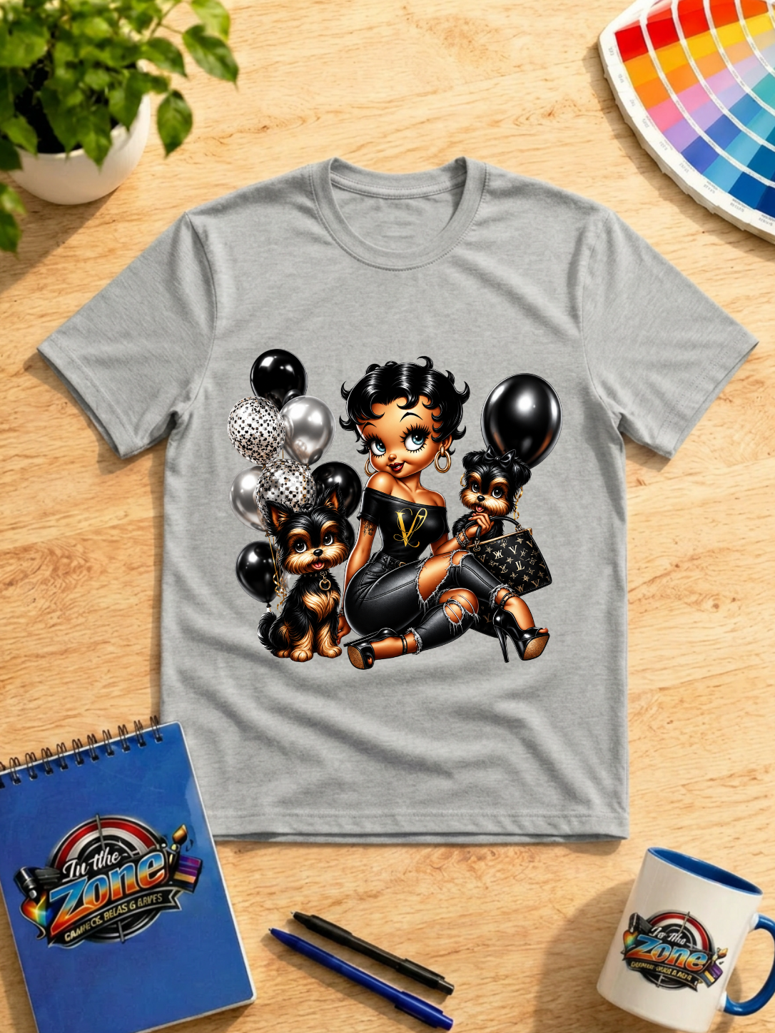 Glam Girl & Yorkies Graphic T-Shirt – Black, Gold & Silver Fashion Design