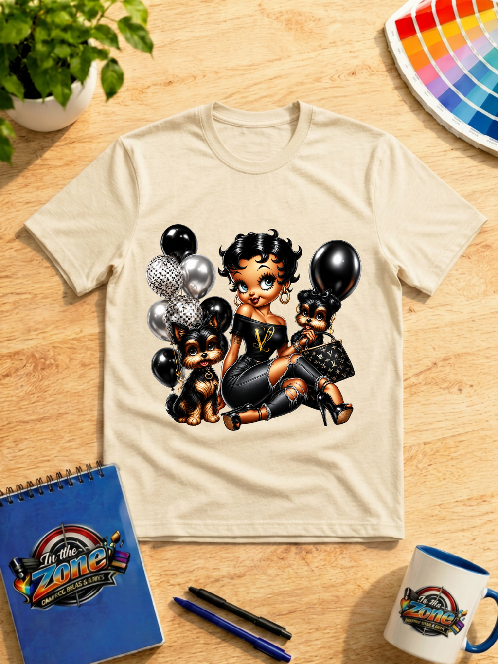 Glam Girl & Yorkies Graphic T-Shirt – Black, Gold & Silver Fashion Design