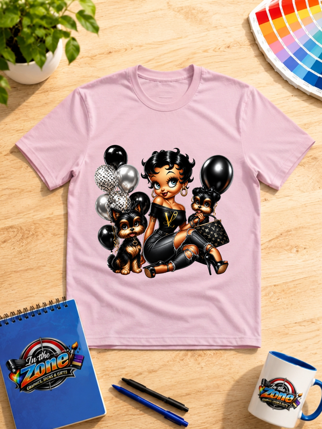 Glam Girl & Yorkies Graphic T-Shirt – Black, Gold & Silver Fashion Design