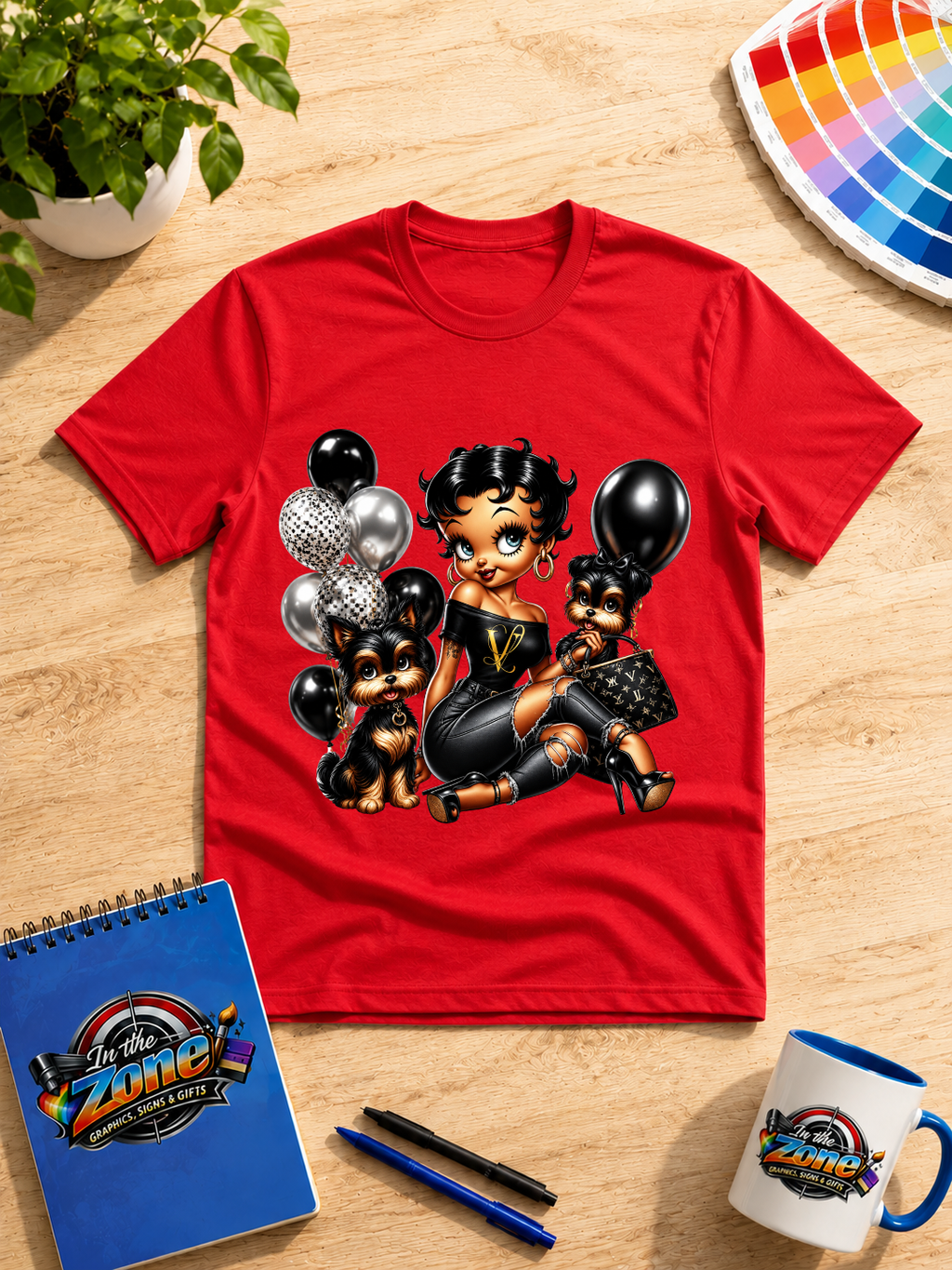 Glam Girl & Yorkies Graphic T-Shirt – Black, Gold & Silver Fashion Design