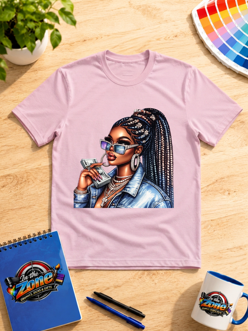 Boss Babe Money Graphic T-Shirt – Glam Girl with Cash DTF Design