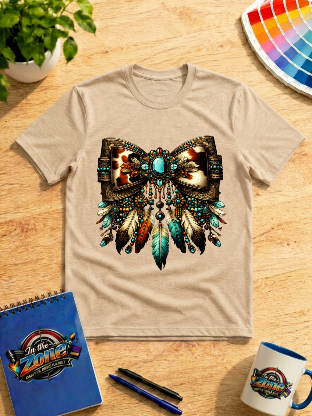 Western Turquoise Feather Bow Graphic T-Shirt – Cowgirl Boho Tee