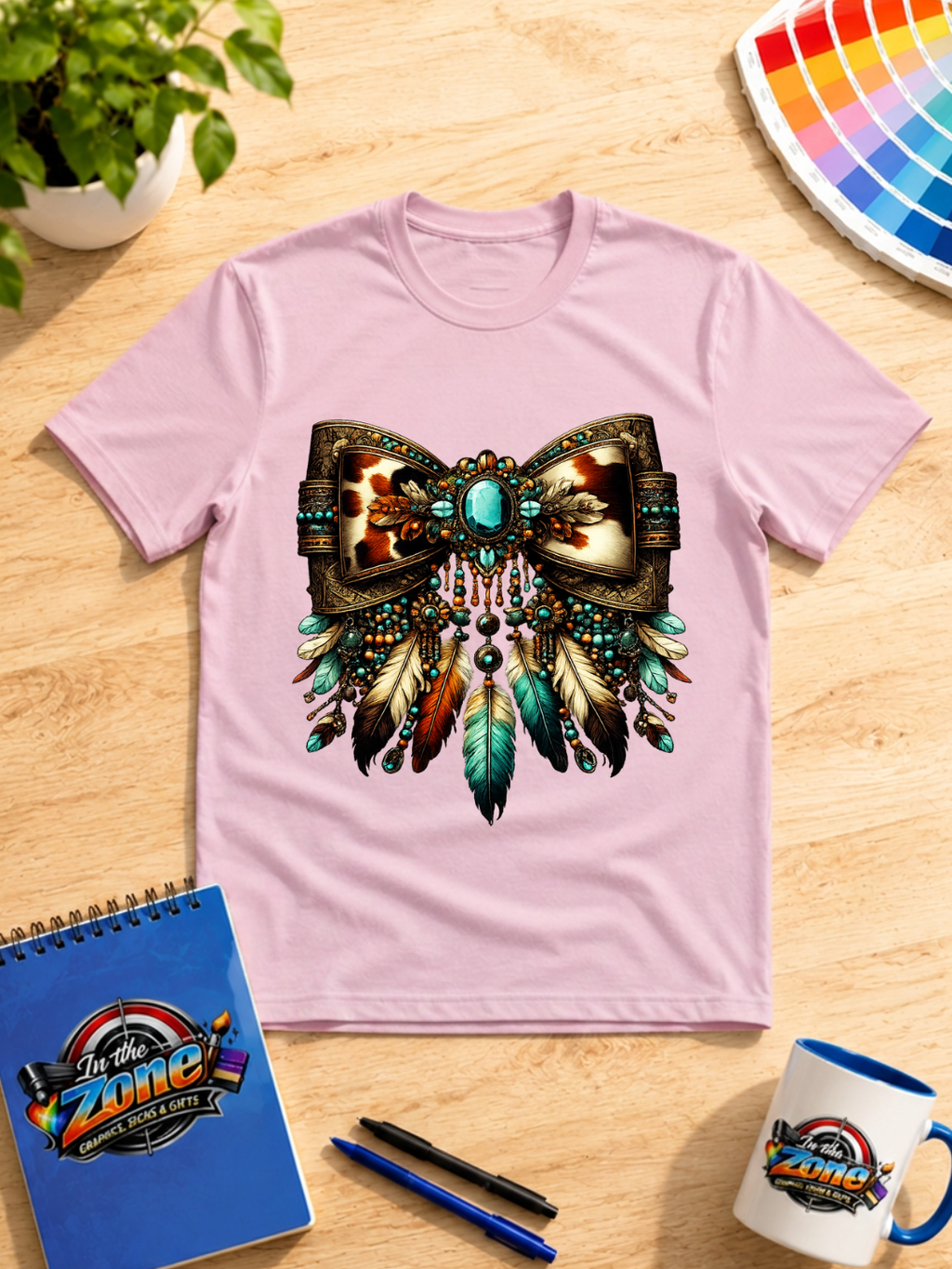 Western Turquoise Feather Bow Graphic T-Shirt – Cowgirl Boho Tee