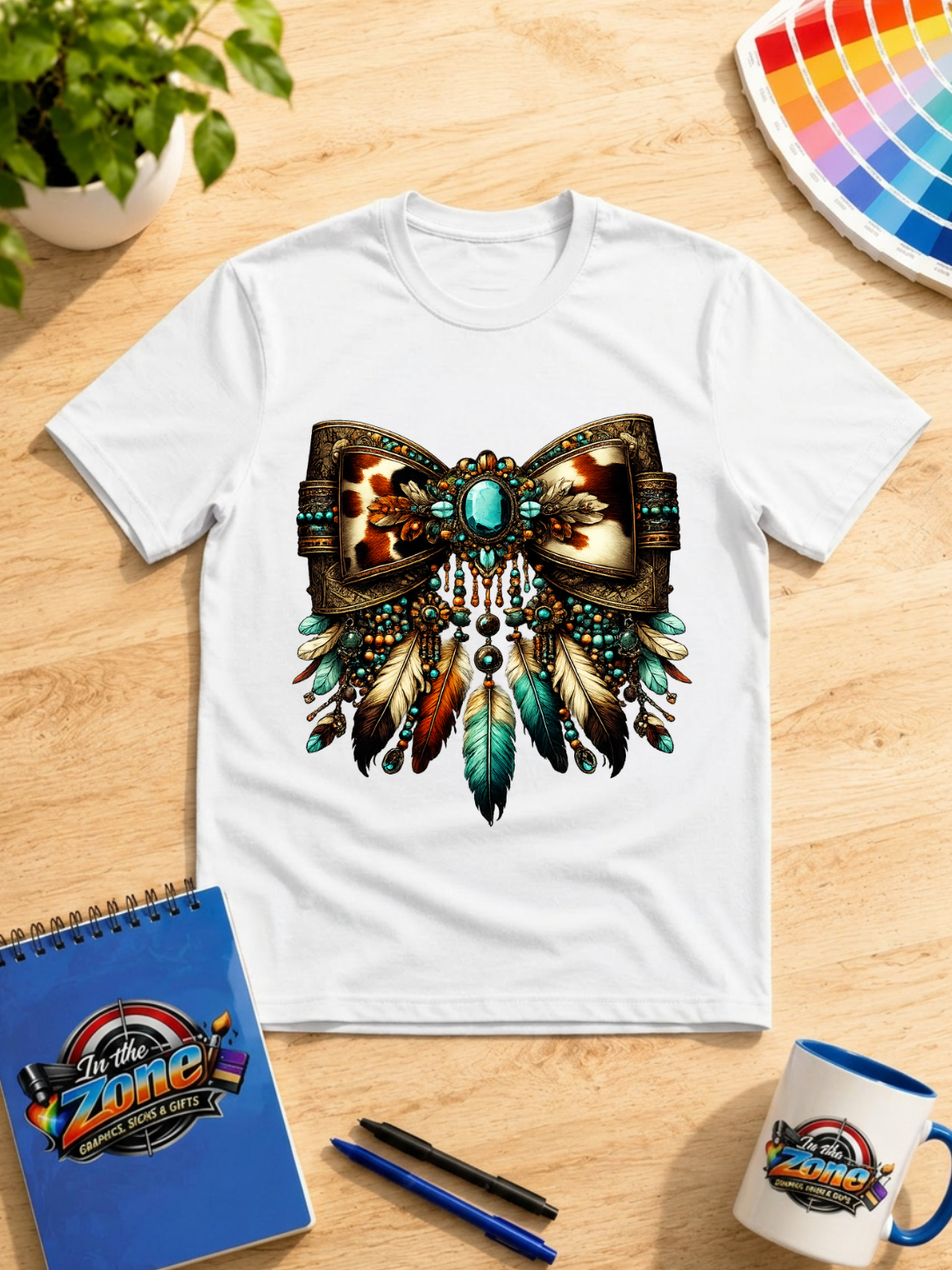 Western Turquoise Feather Bow Graphic T-Shirt – Cowgirl Boho Tee