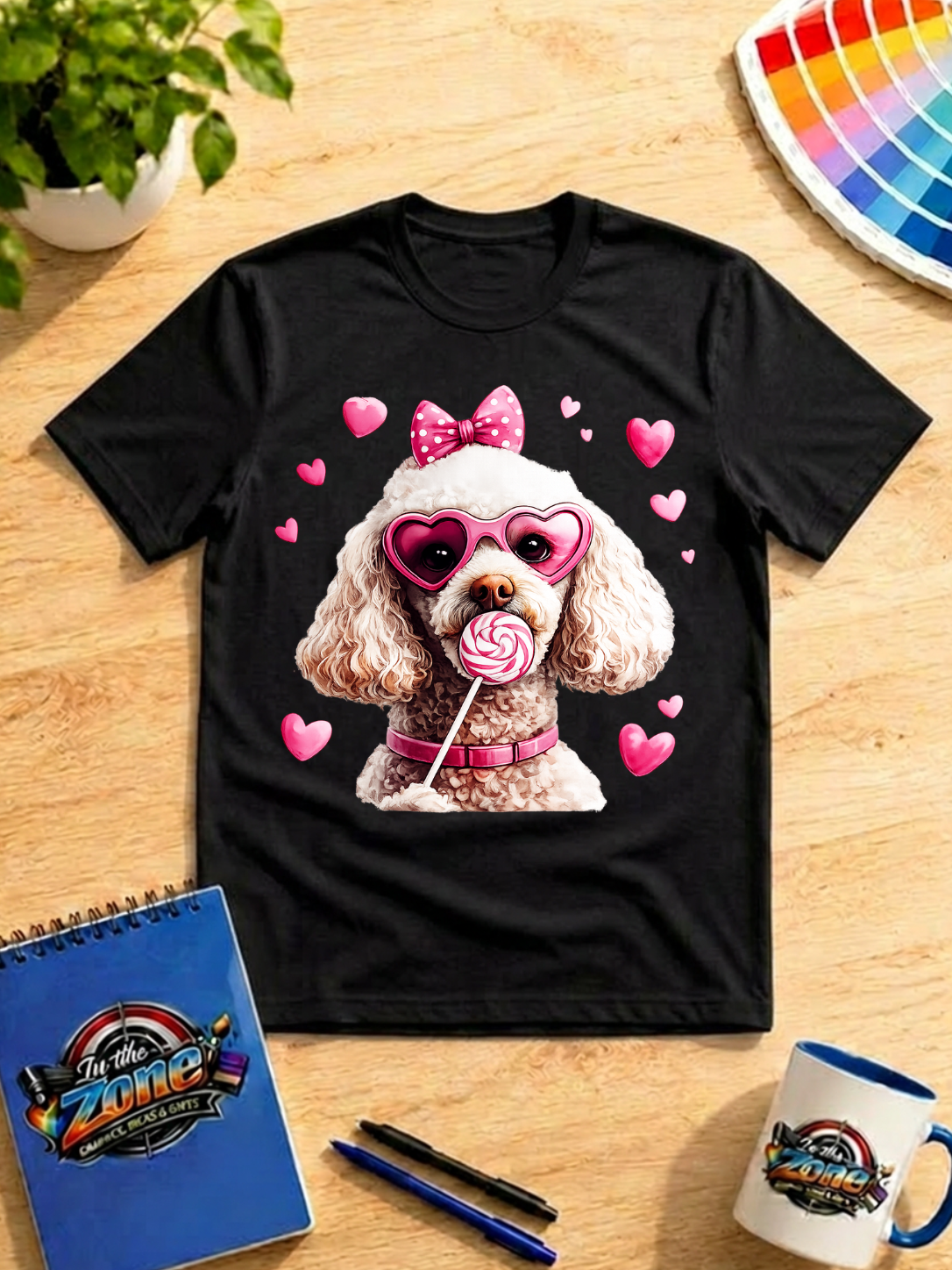 Sweet Valentine Poodle Graphic Shirt – Pink Hearts & Lollipop Dog Tee