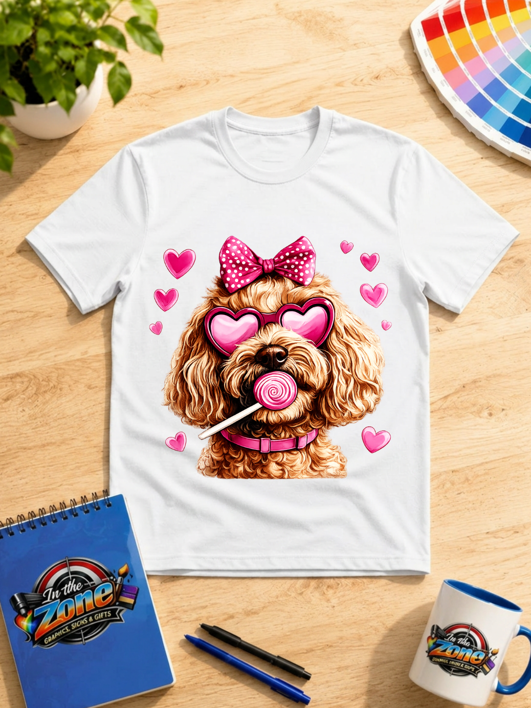 Valentine Doodle Dog Graphic Shirt – Pink Hearts, Bow & Lollipop Tee