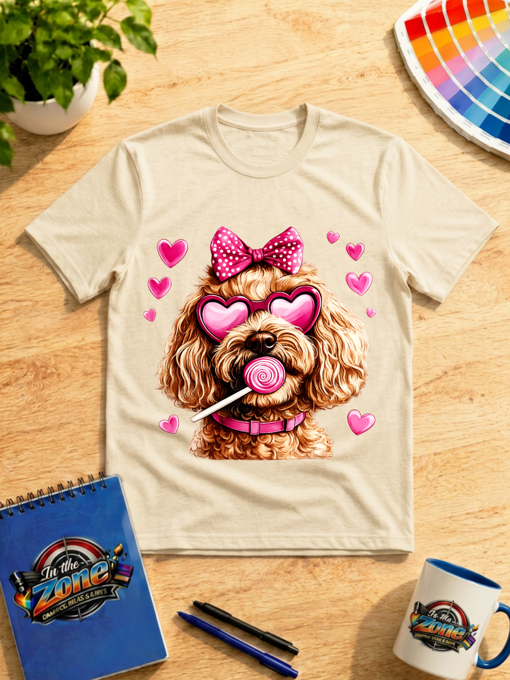 Valentine Doodle Dog Graphic Shirt – Pink Hearts, Bow & Lollipop Tee