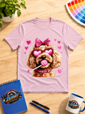 Valentine Doodle Dog Graphic Shirt – Pink Hearts, Bow & Lollipop Tee