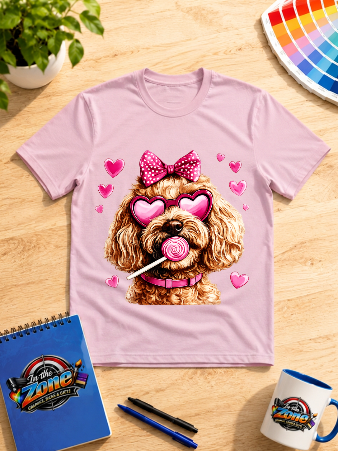 Valentine Doodle Dog Graphic Shirt – Pink Hearts, Bow & Lollipop Tee