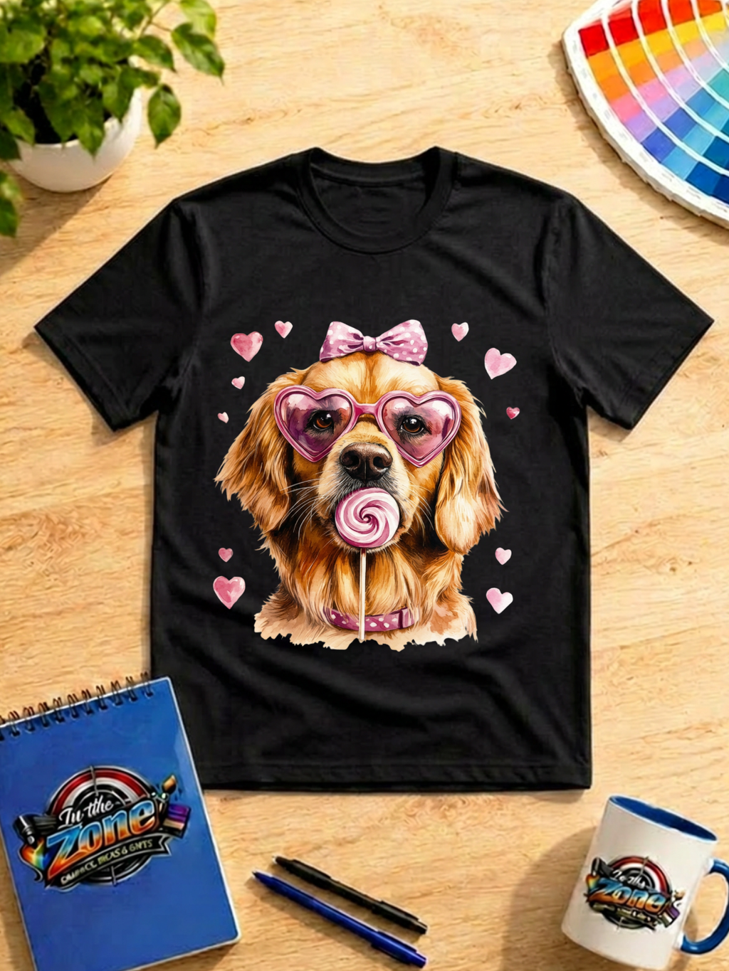 Valentine Golden Retriever Graphic Shirt – Pink Hearts, Bow & Lollipop Tee