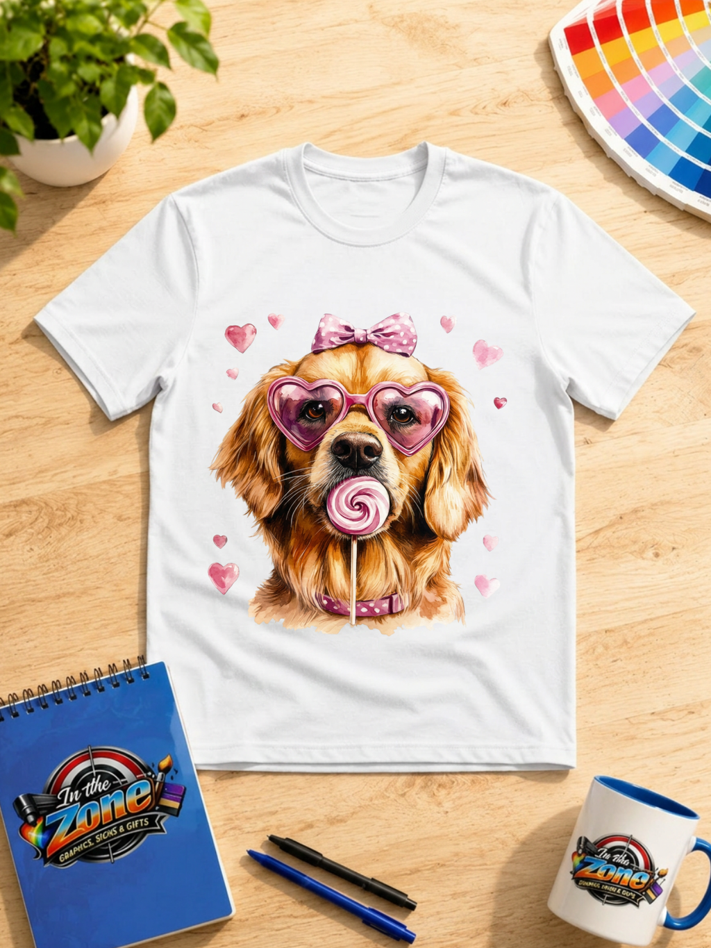 Valentine Golden Retriever Graphic Shirt – Pink Hearts, Bow & Lollipop Tee