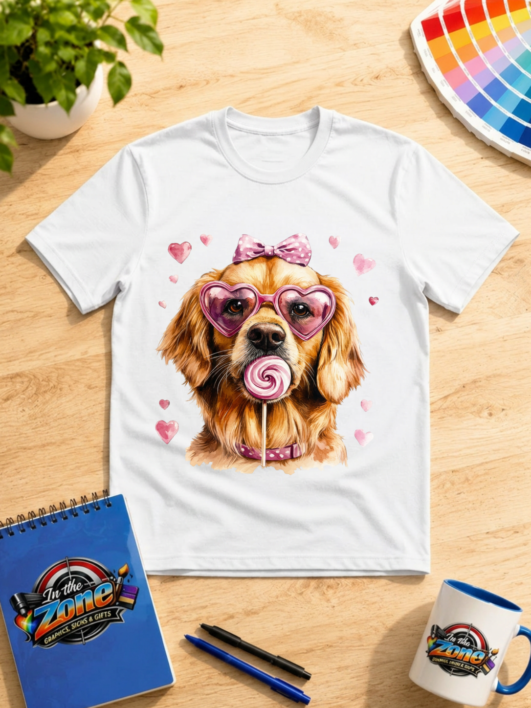 Valentine Golden Retriever Graphic Shirt – Pink Hearts, Bow & Lollipop Tee