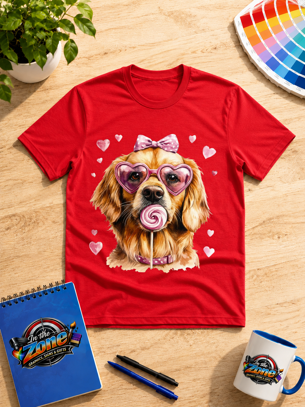 Valentine Golden Retriever Graphic Shirt – Pink Hearts, Bow & Lollipop Tee