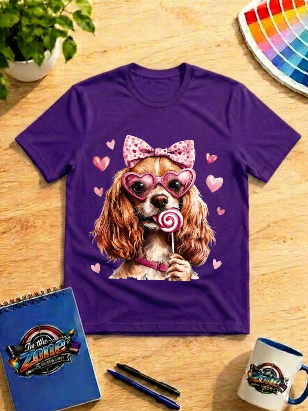 Valentine Spaniel Dog Graphic Shirt – Pink Hearts, Bow & Lollipop Tee